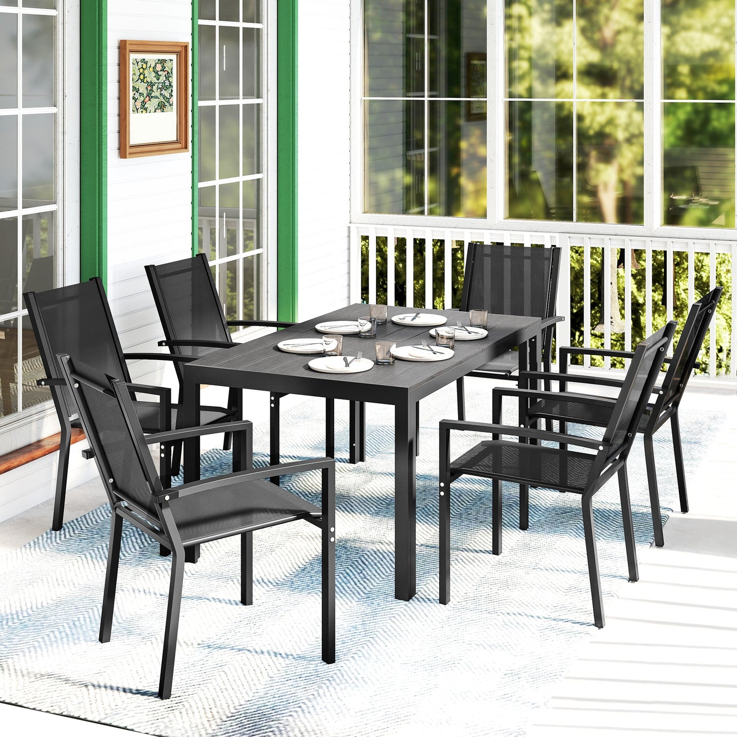 Seven-Piece Garden Dining Set, with Plastic Wood-Top Table