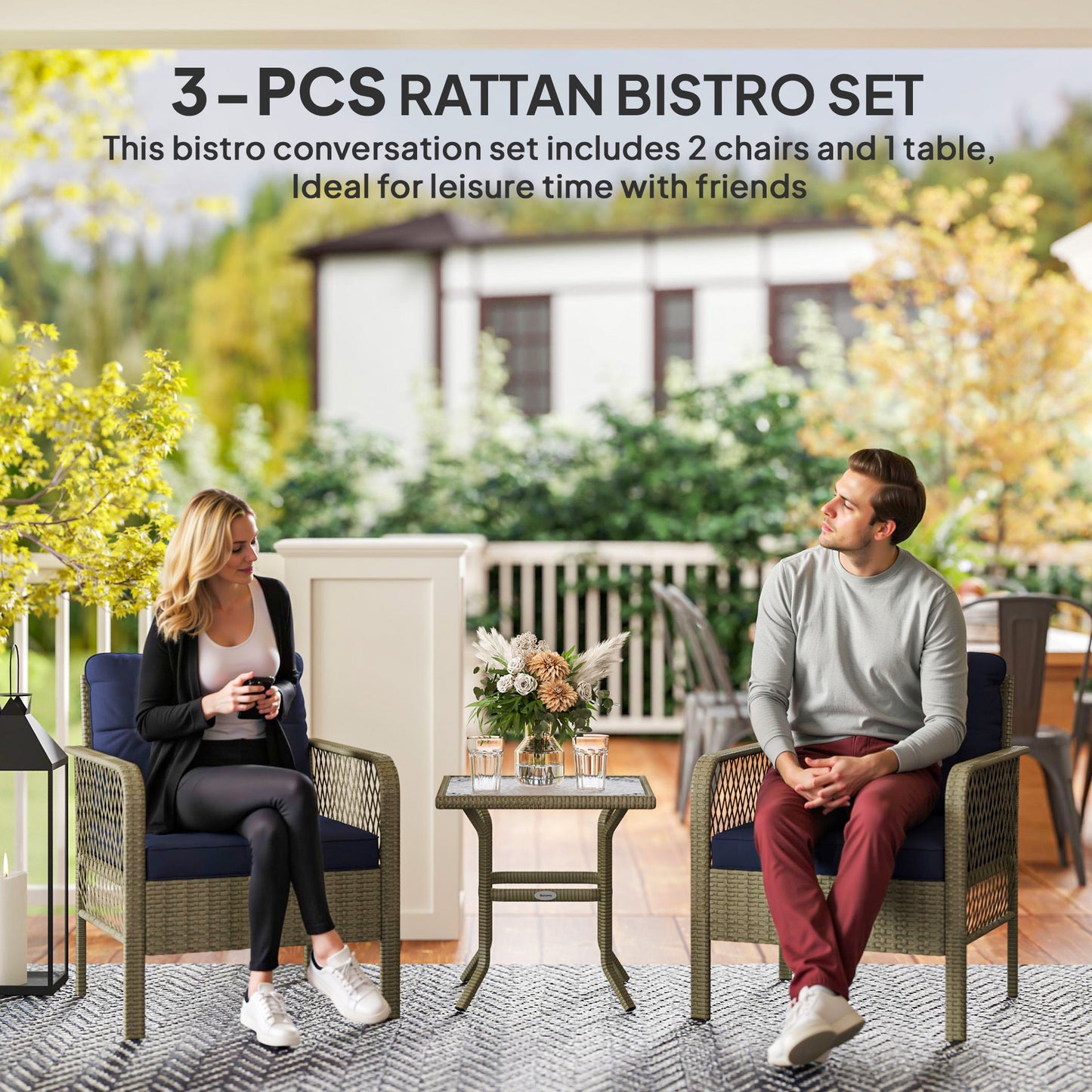 3 Pieces Rattan Bistro Set with Glass Top Coffee Table