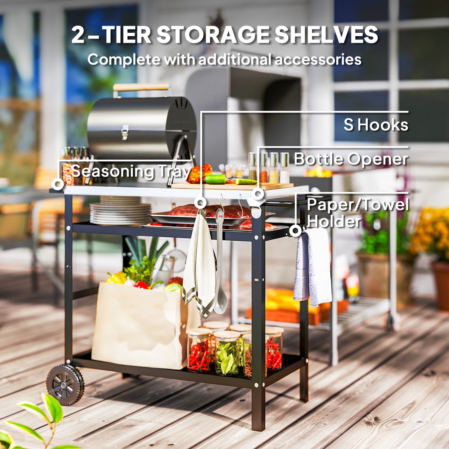 BBQ Trolley with Stainless Steel Top Adjustable Shelf