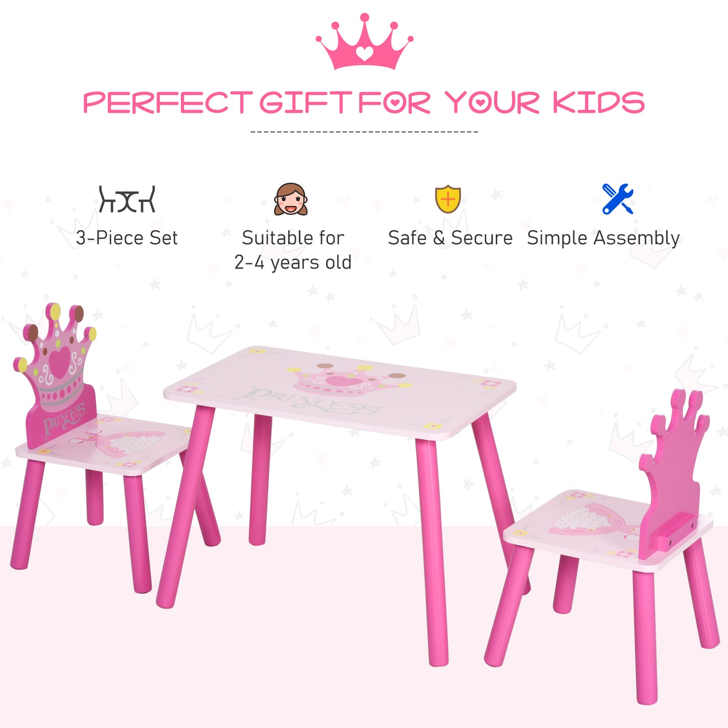3 Pcs Kids and Table Chair Set Princess & Crown Theme Home