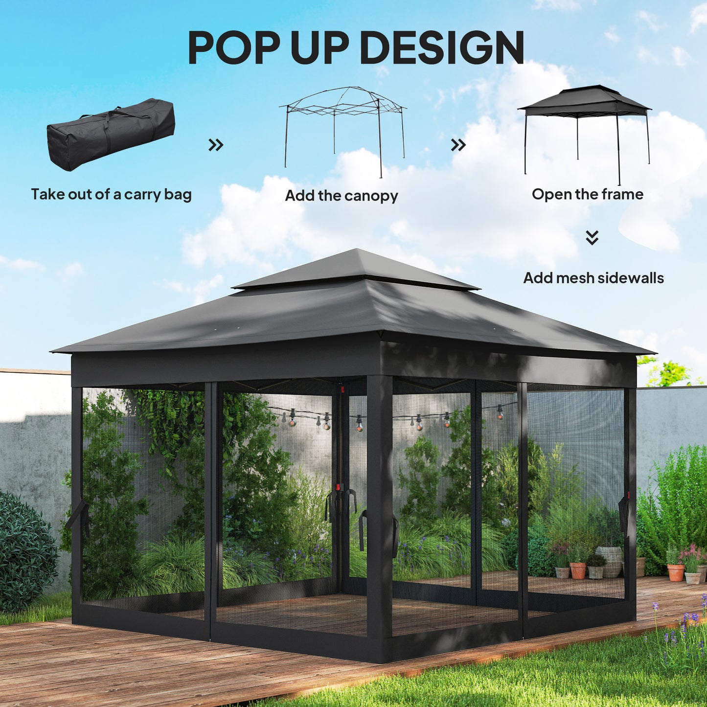 3 x 3(m) Pop Up Gazebo, Double-roof Garden Tent with Netting (1)