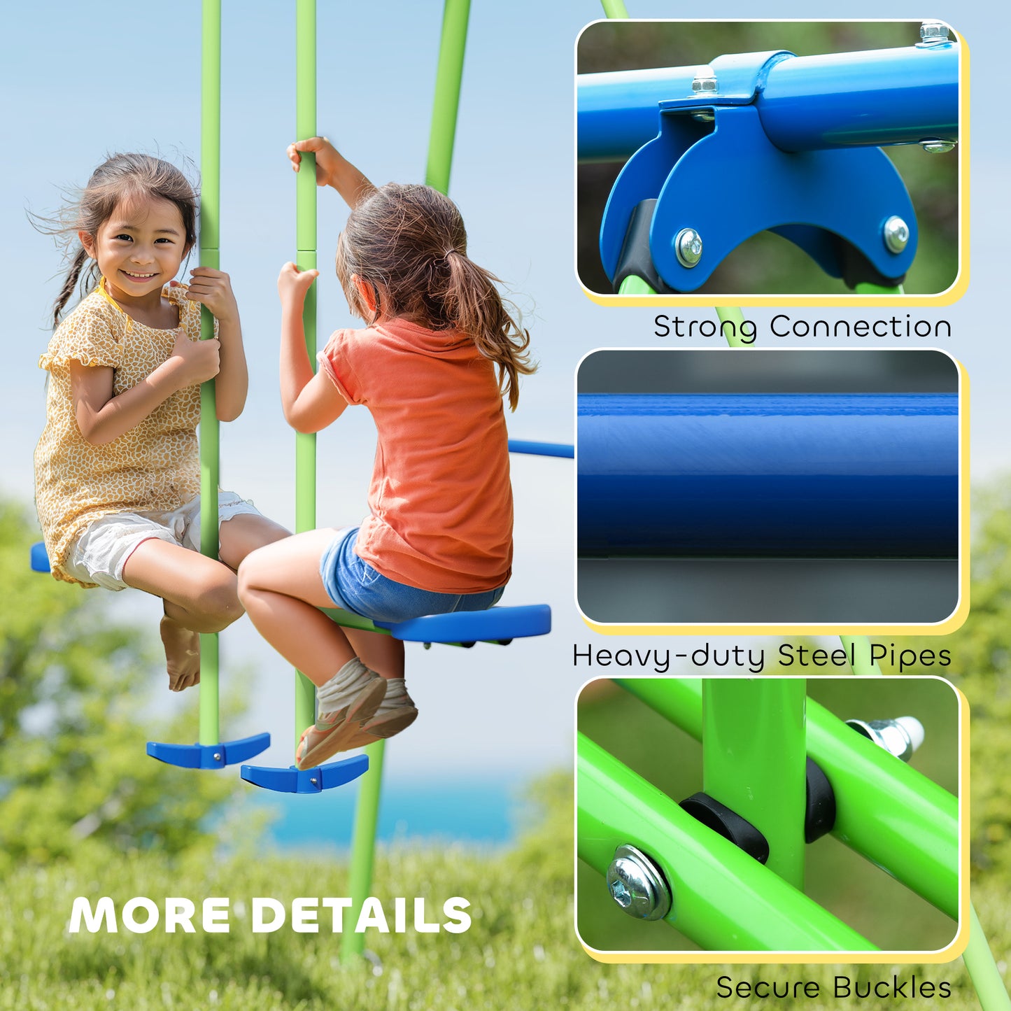 Metal Garden Swing Set Height Adjustable Children Outdoor Backyard