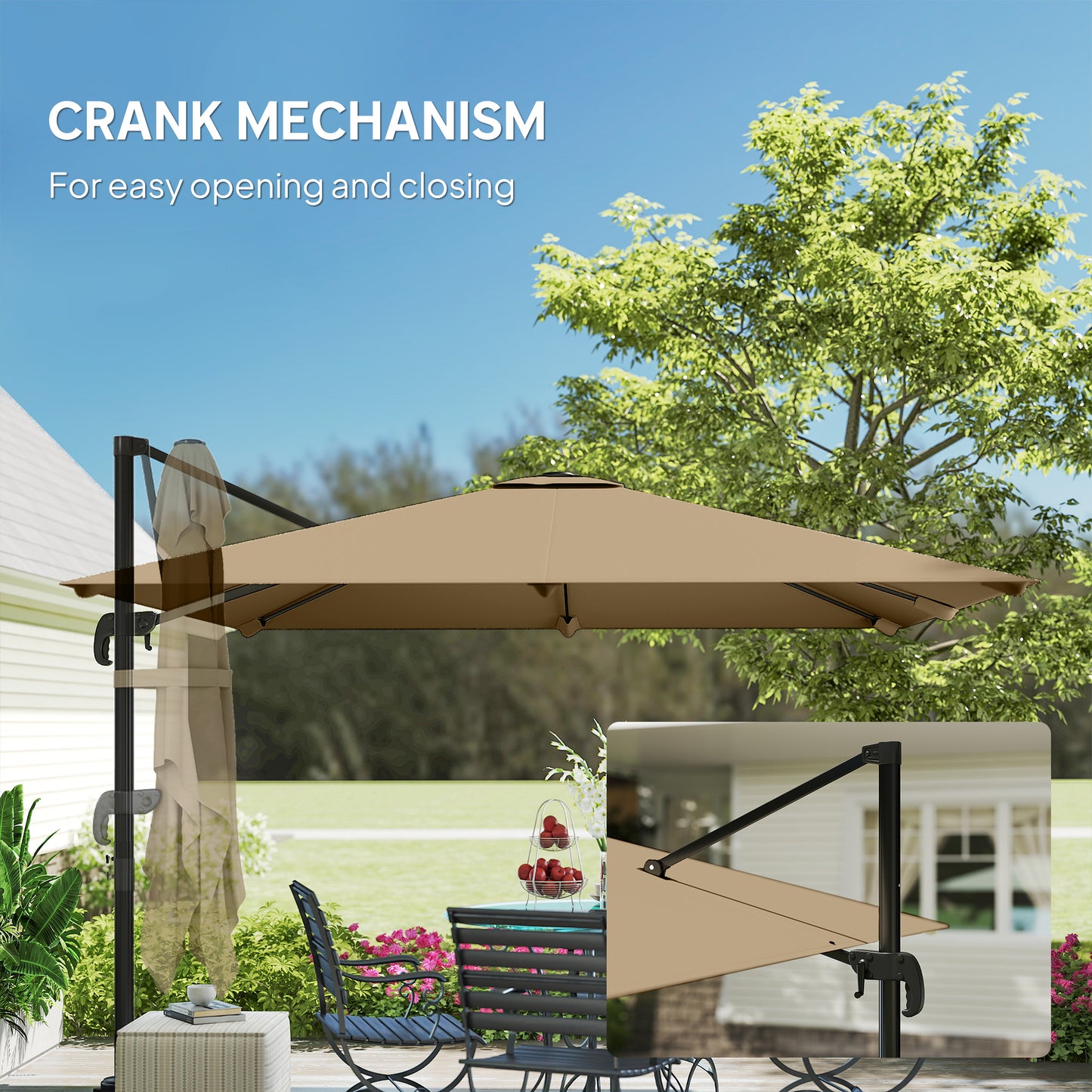 3 x 3 m Cantilever Parasol, Square Patio Umbrella with Crank Handle