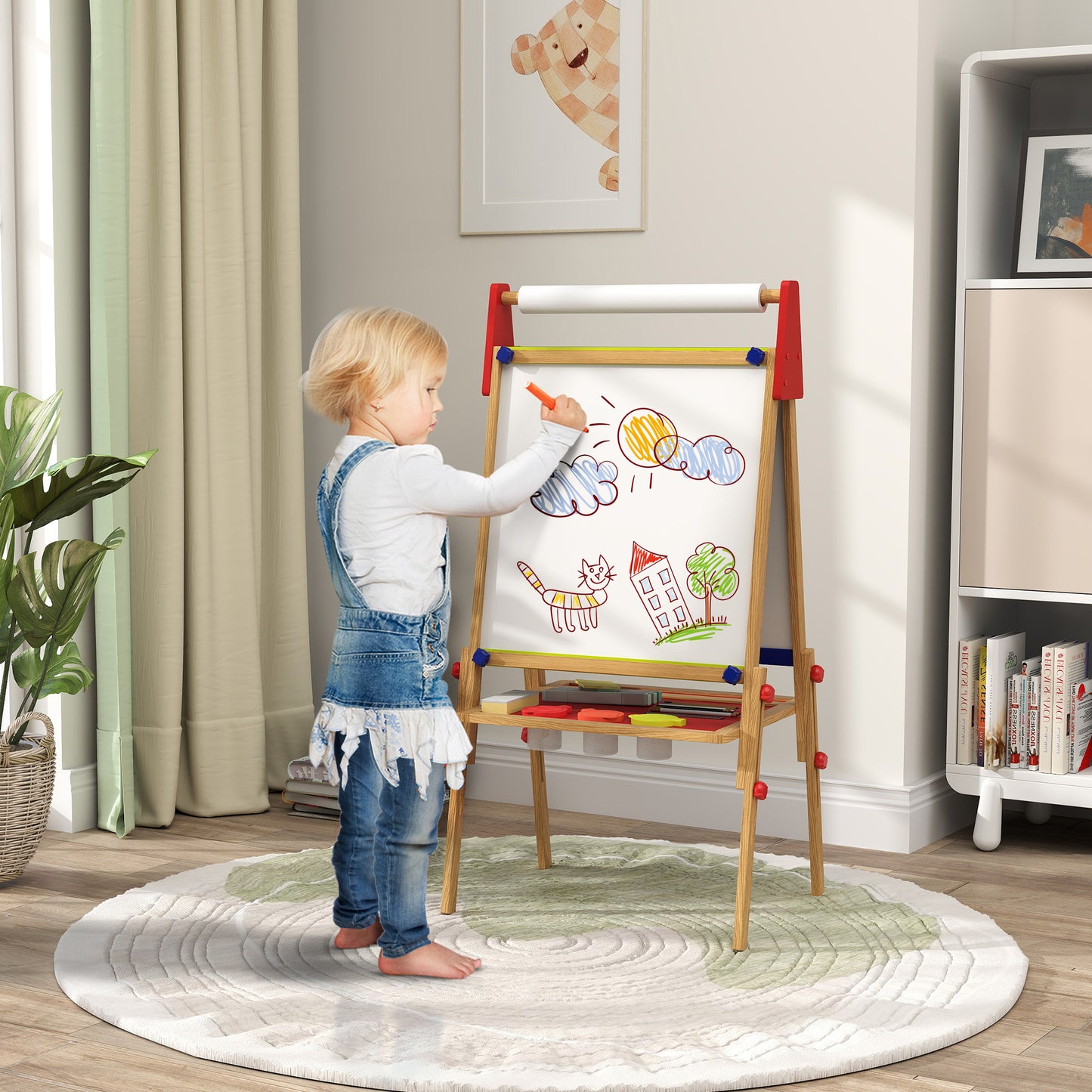 3-in-1 Wooden Kids Easel with Paper Roll, Whiteboard, Chalkboard