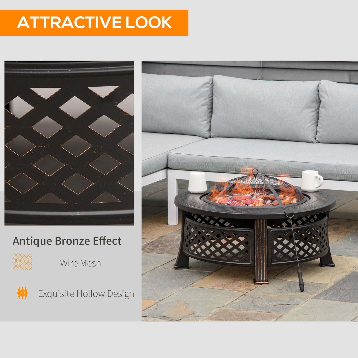 Outdoor Fire Pit, Firepit with Grill Net, Mesh Lid, Poker