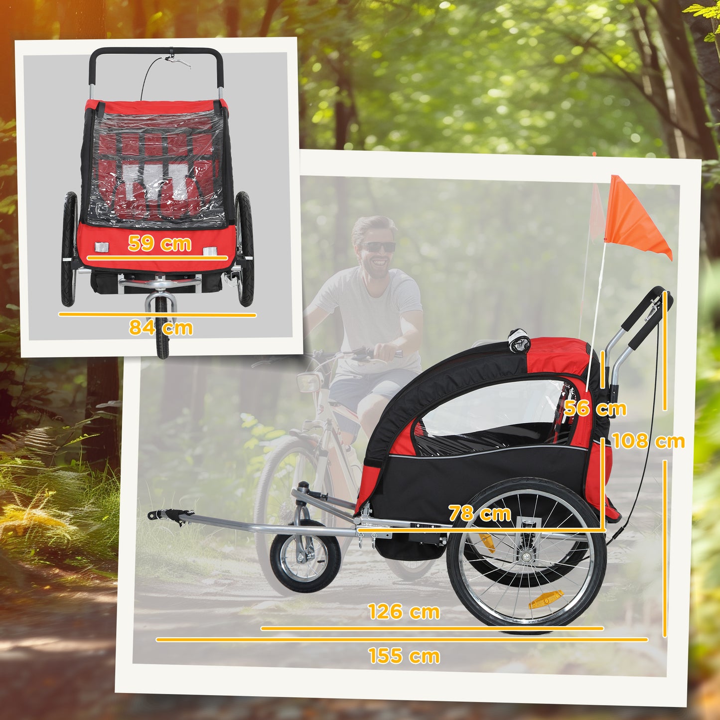 2 Seat Bike Trailer with 5 Point Harness