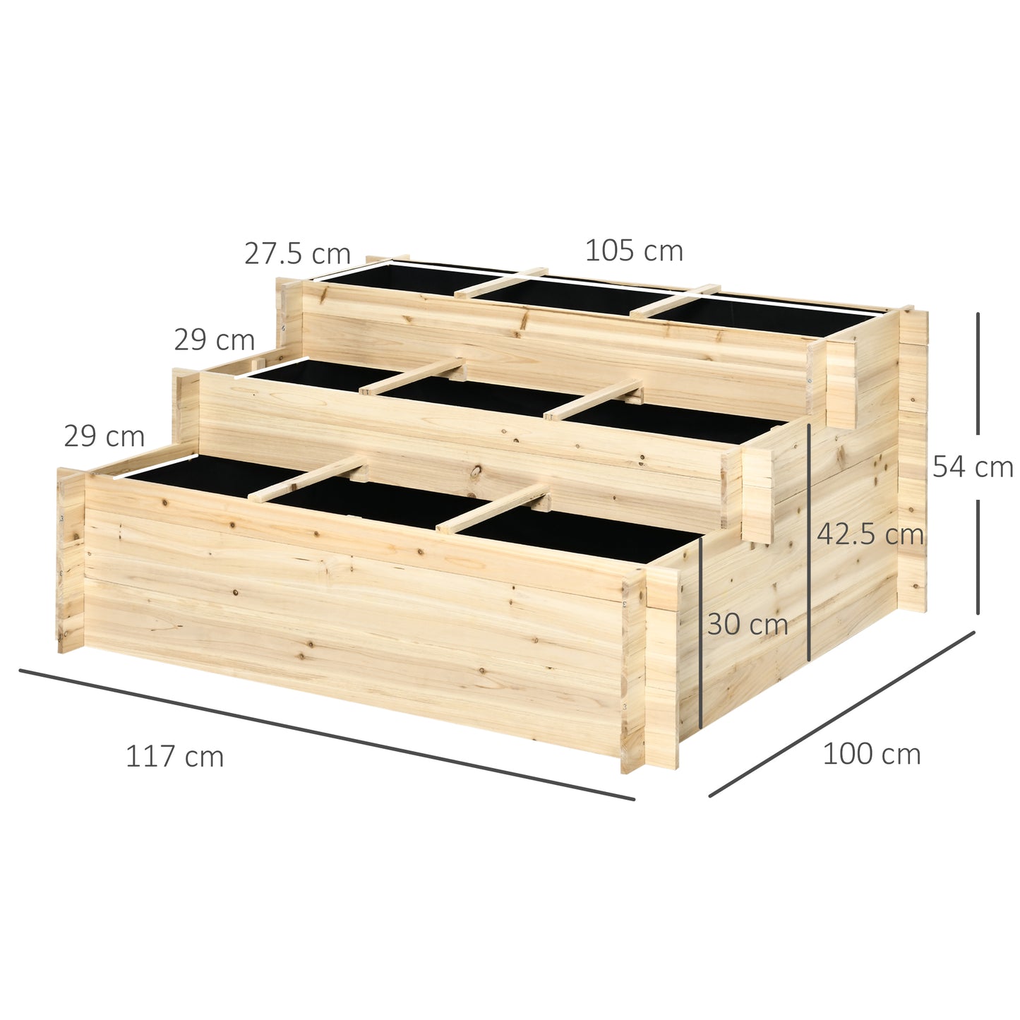 117cm x 100cm x 54cm 3 Tier Raised Garden Bed 376L Fir Wood