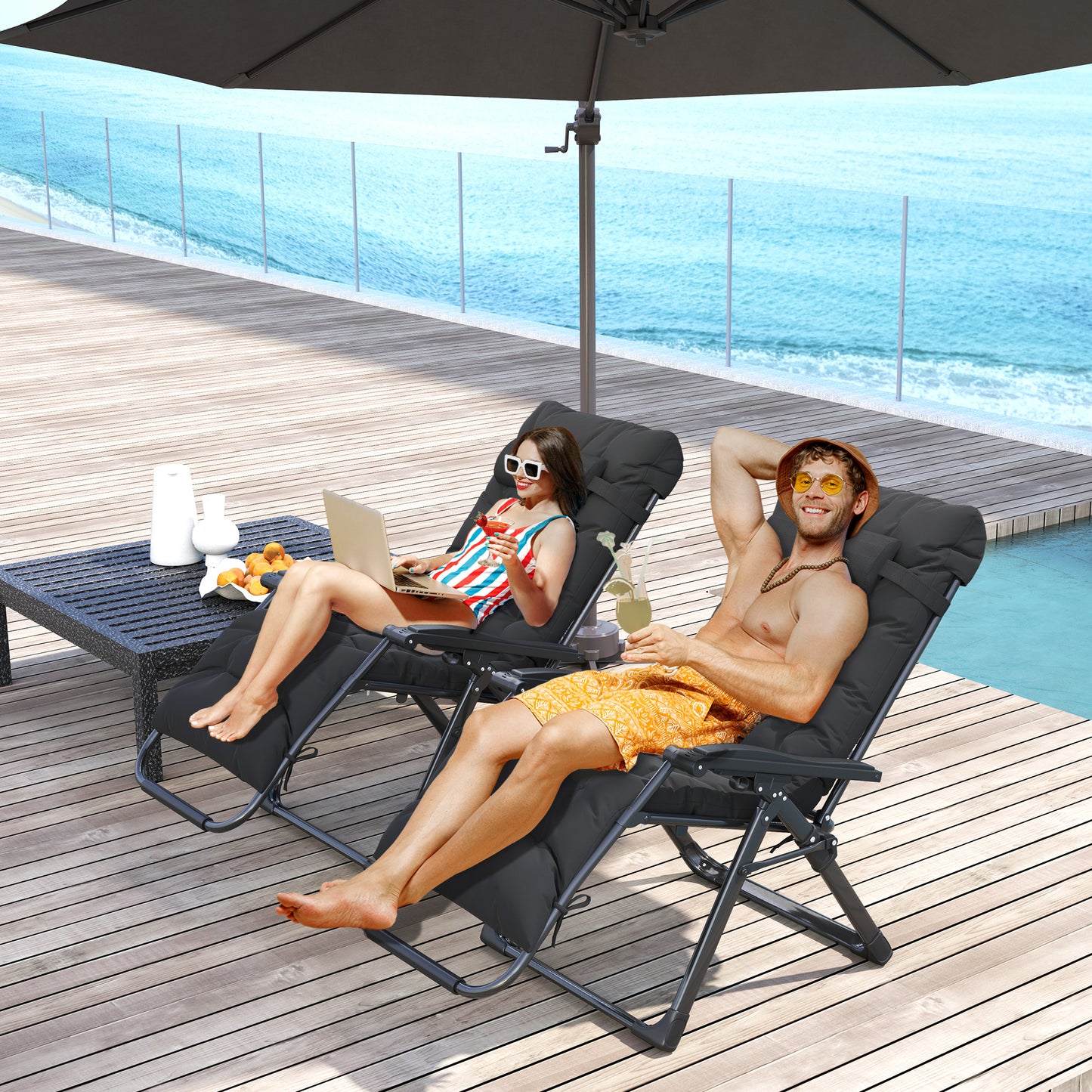 2 Piece Reclining Zero Gravity Sun Loungers with Cushions