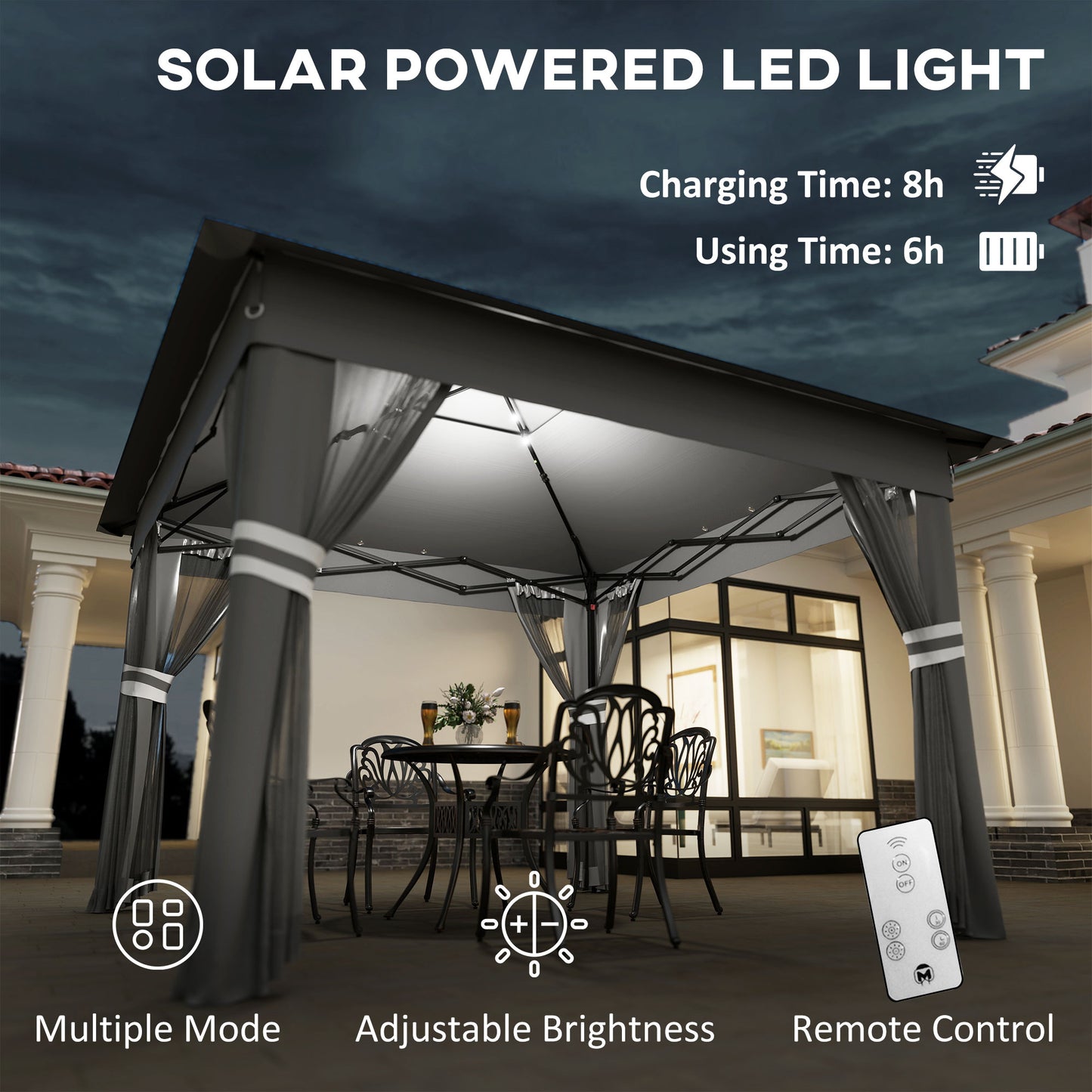 3.36 x 3.36m Pop Up Gazebo Party Tent with Solar-Powered LED Lights