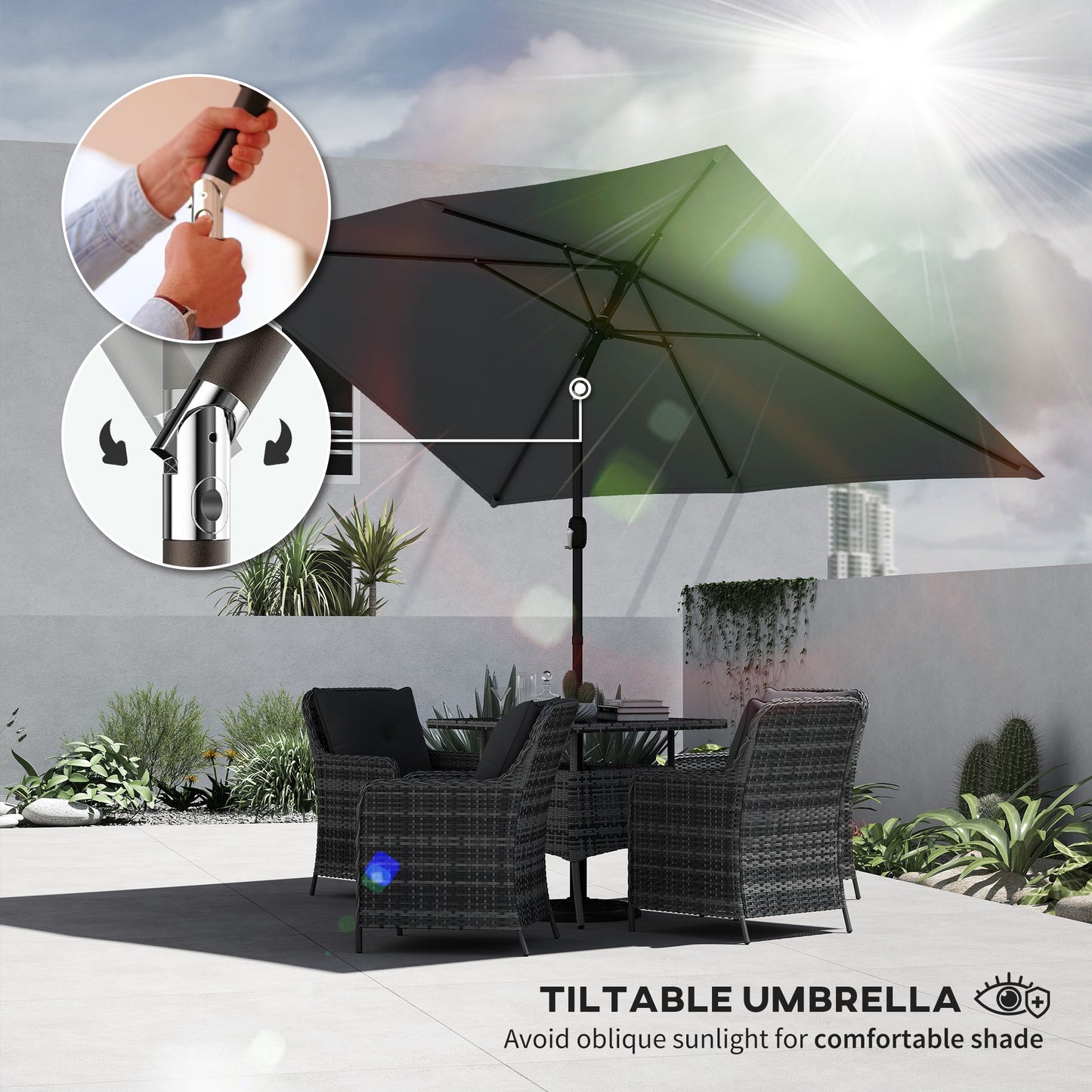 Garden Parasol, Parasol Umbrella with Crank Handle, Tilt Function