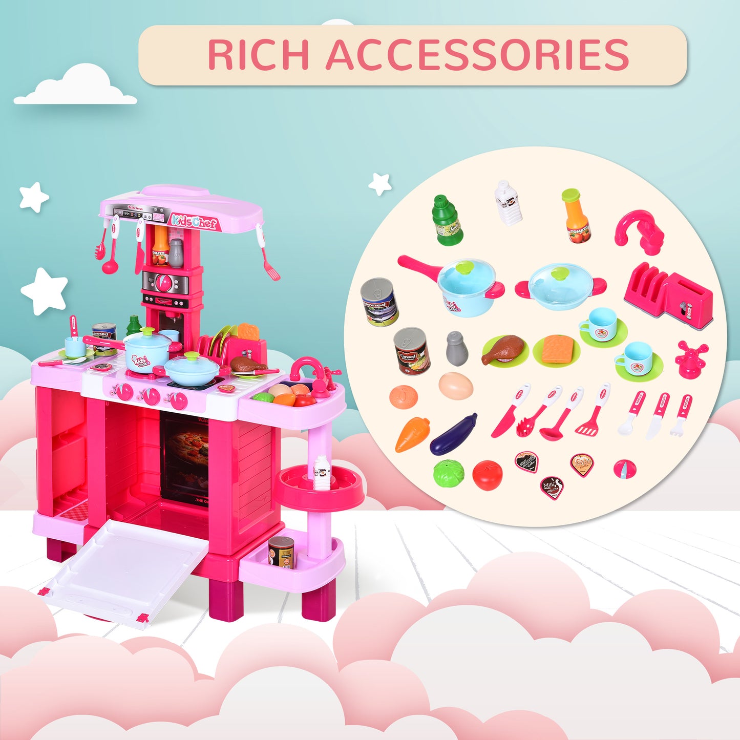 38 Pcs Kids Children Kitchen Play Set w/ Realistic Sounds Lights