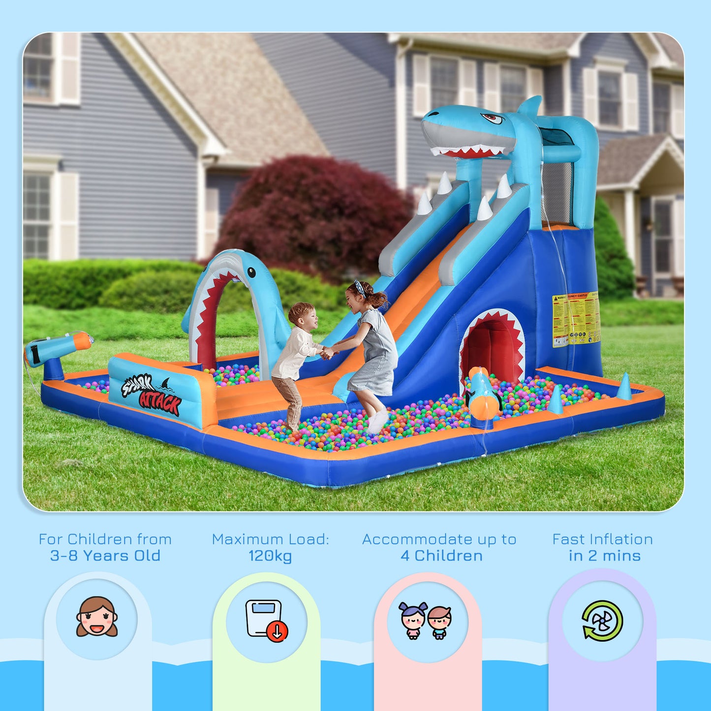 6 in 1 Shark-Themed Bouncy Castle, Inflatable Water Park, with Slide