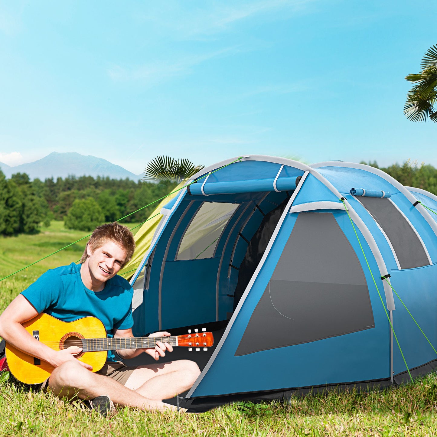 3-4 Man Tunnel Tent, Two Room Camping Tent with Windows