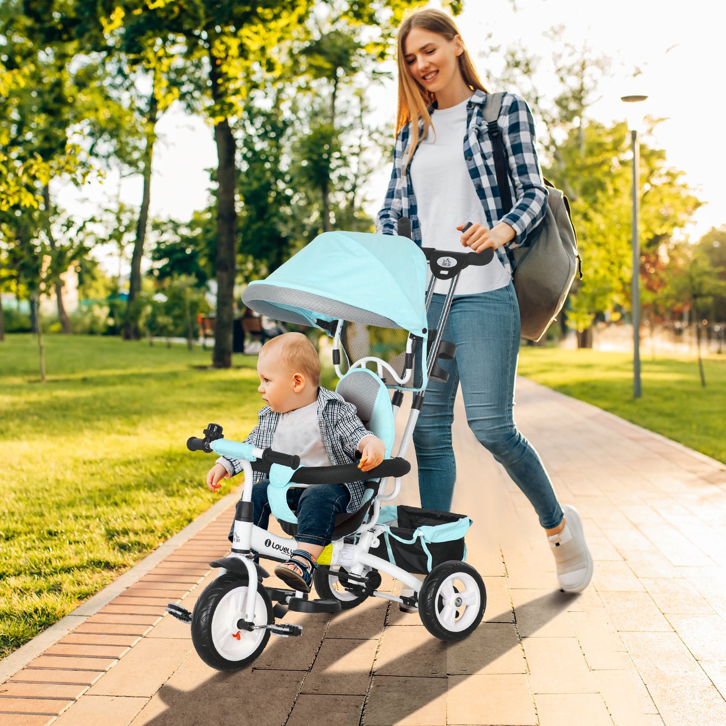 6 in 1 Kids Trike Push Bike w/ Push Handle, Canopy