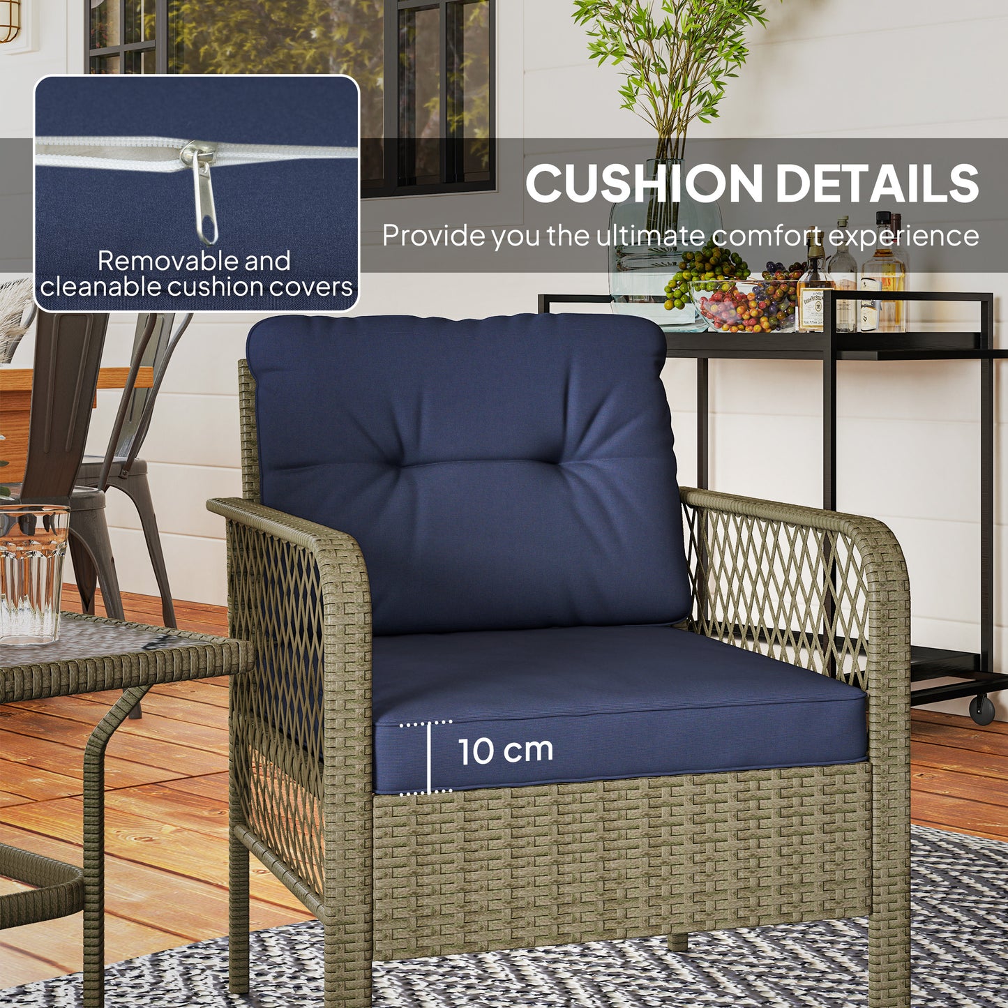 3 Pieces Rattan Bistro Set with Glass Top Coffee Table
