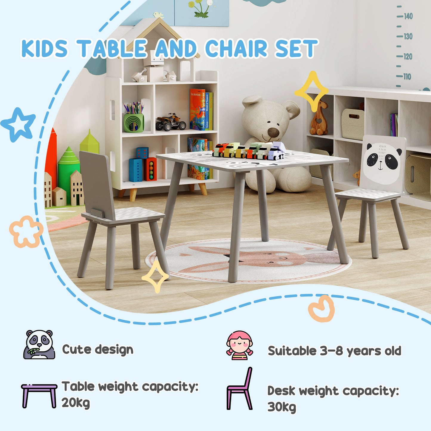 Kids Table and Chair Set, Toddler Table with 2 Chairs