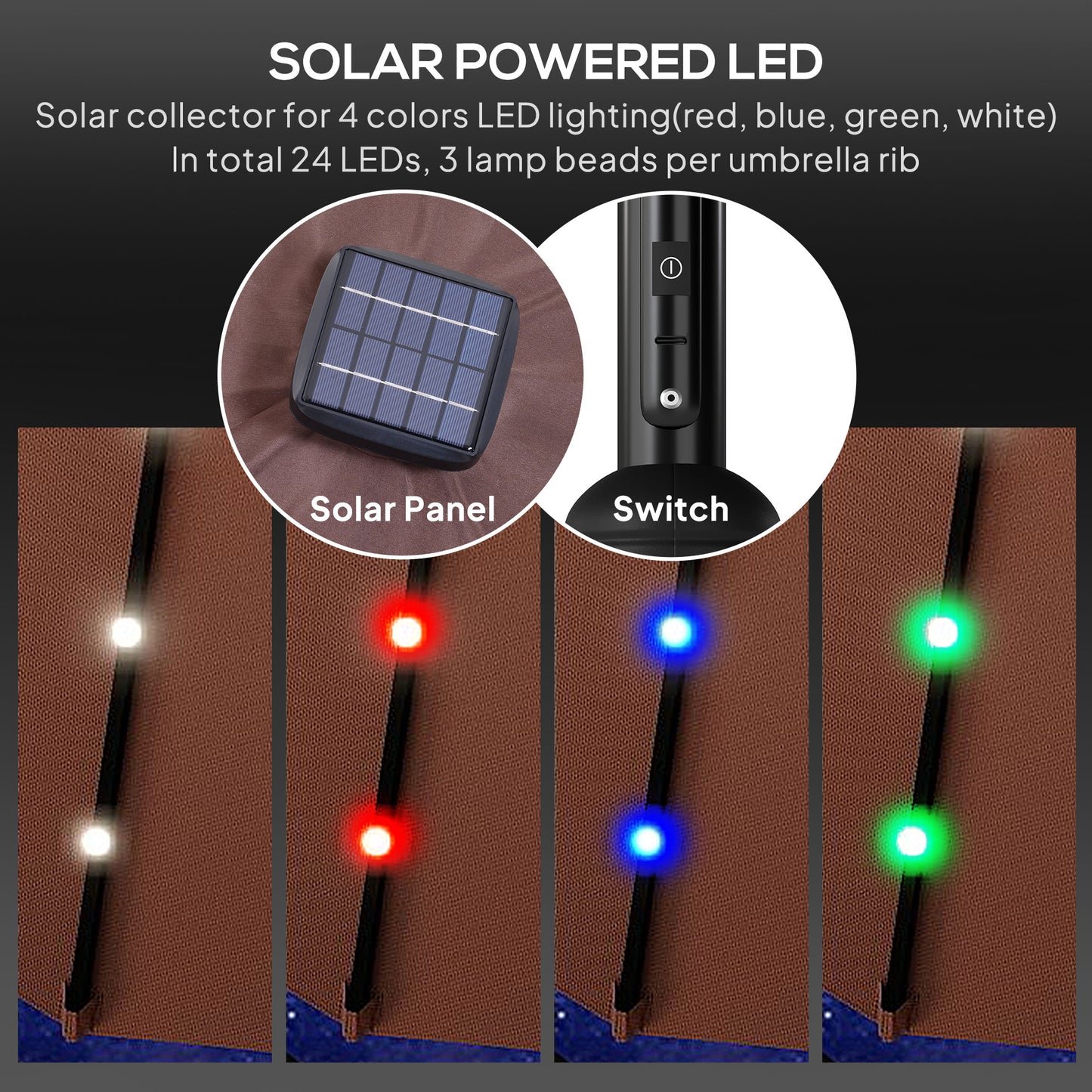 Φ2.7m Garden 24 LED Light Parasol Solar Outdoor Tilt Sun Umbrella