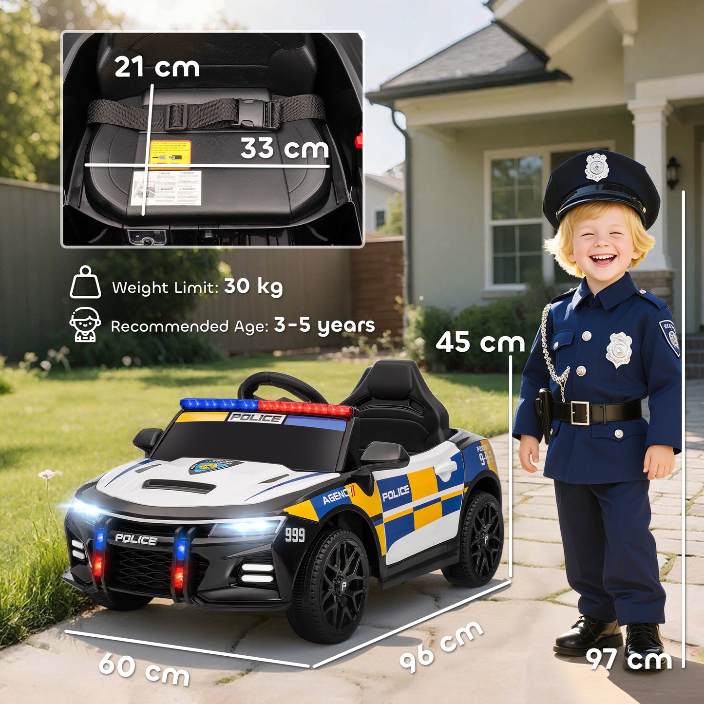 Kids Electric Ride on Police Car with Remote Control, Music, Horn