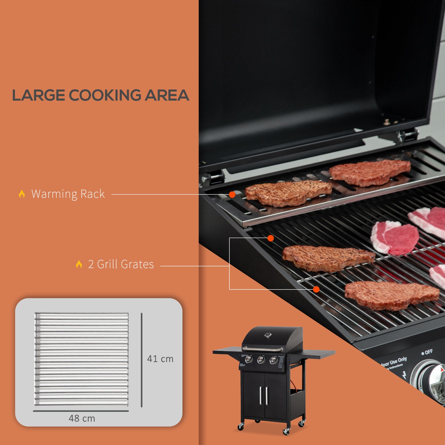 3 Burner Gas BBQ Grill Outdoor Portable Barbecue Trolley w/ Warming