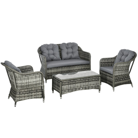 Four-Piece Rattan Sofa Set, with Glass-Top Table