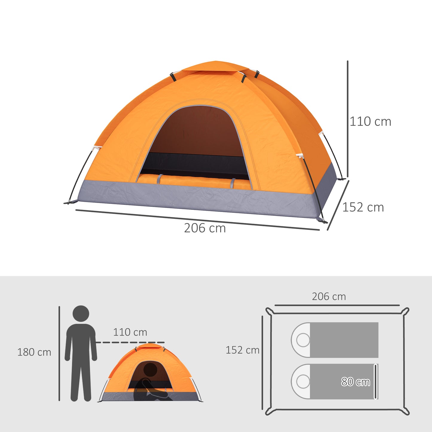 2 Person Camping Tent, Dome Tent with Zipped Doors, Storage Pocket