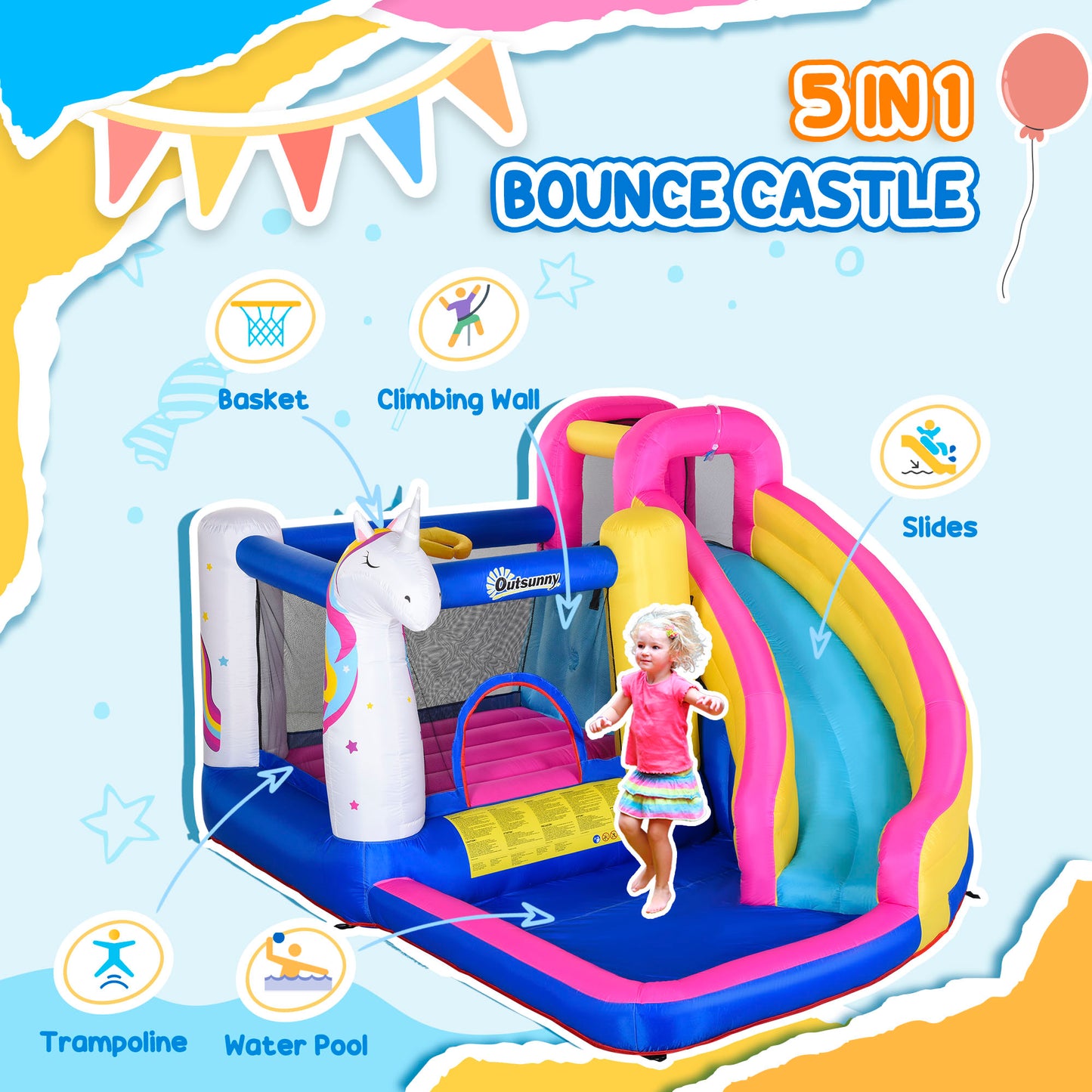 5 in 1 Bouncy Castle, with Blower, for Ages 3-8 Years
