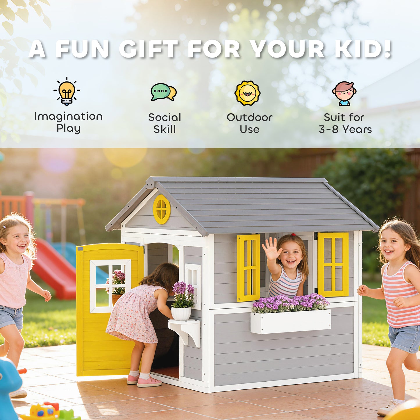 Wooden Playhouse with Doors, Windows, Plant Pots, Boxes, for 3-8 Years