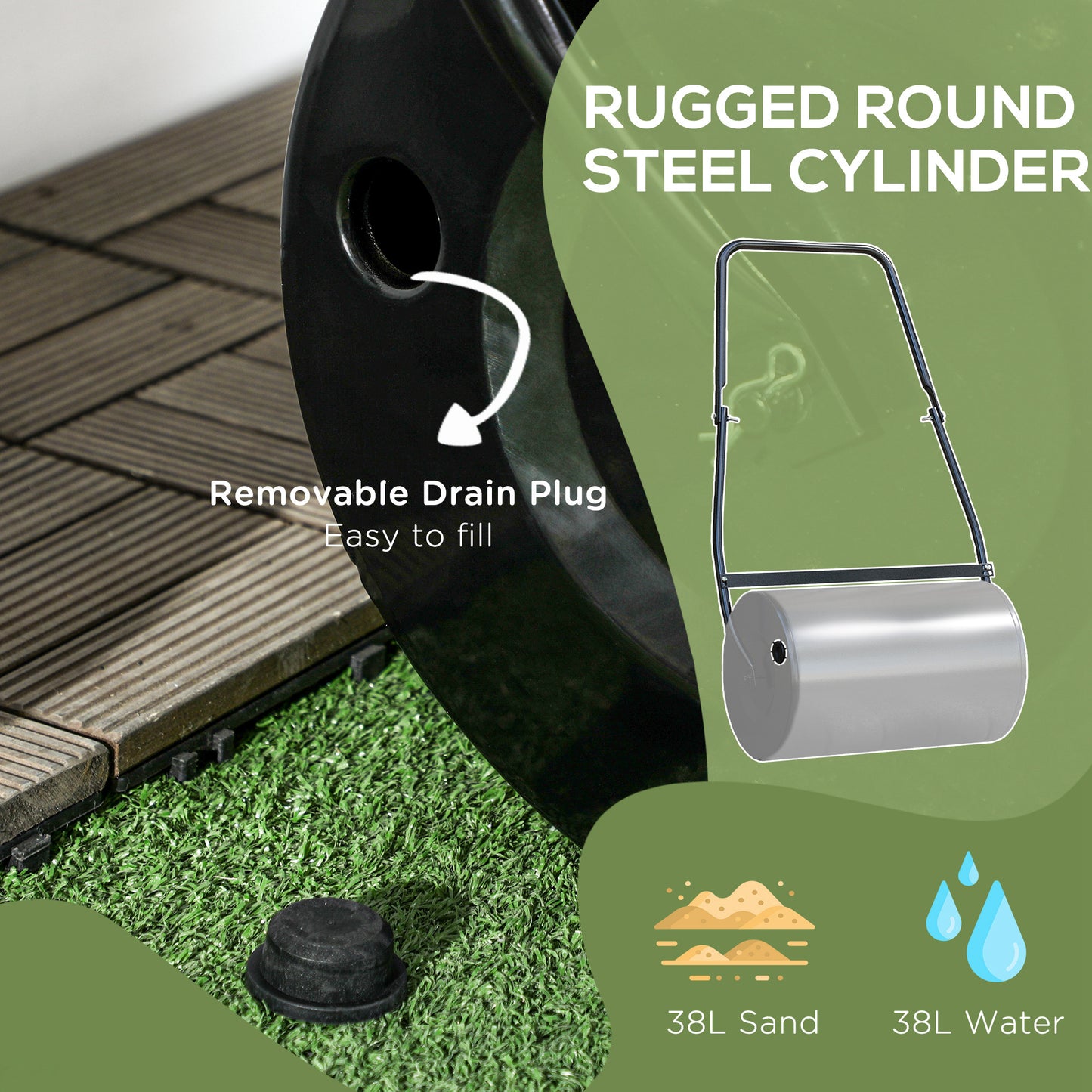 38L Garden Lawn Roller, Water Sand Filled Outdoor Grass Roller