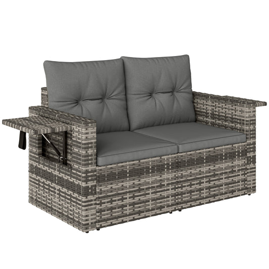 2 Seater Rattan Garden Sofa Outdoor Loveseat with Hidden Side Trays
