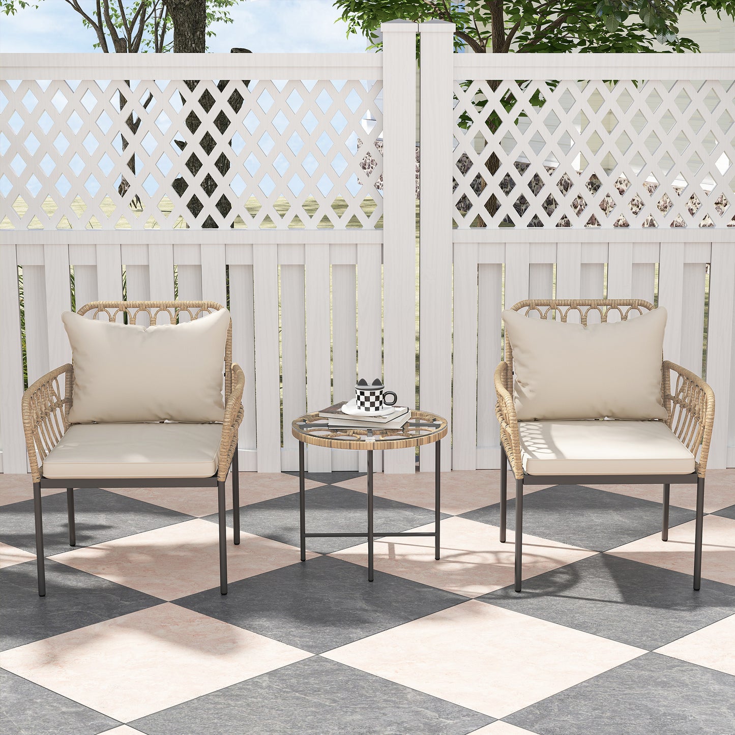 3 Piece Rattan Bistro Set, Wicker Garden Furniture Set with Cushions