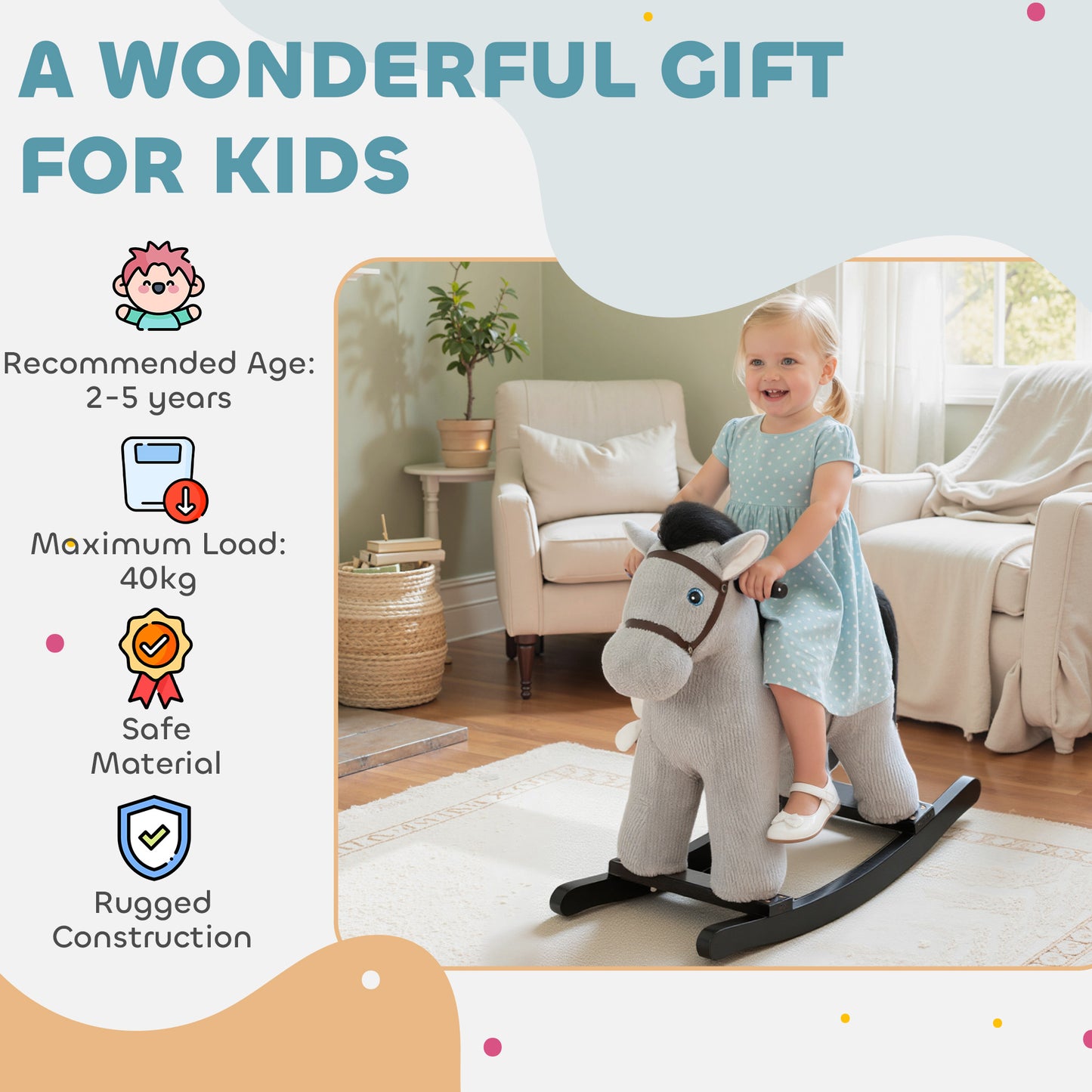 Baby Rocking Horse, Plush Ride on Toy with Handle Grip