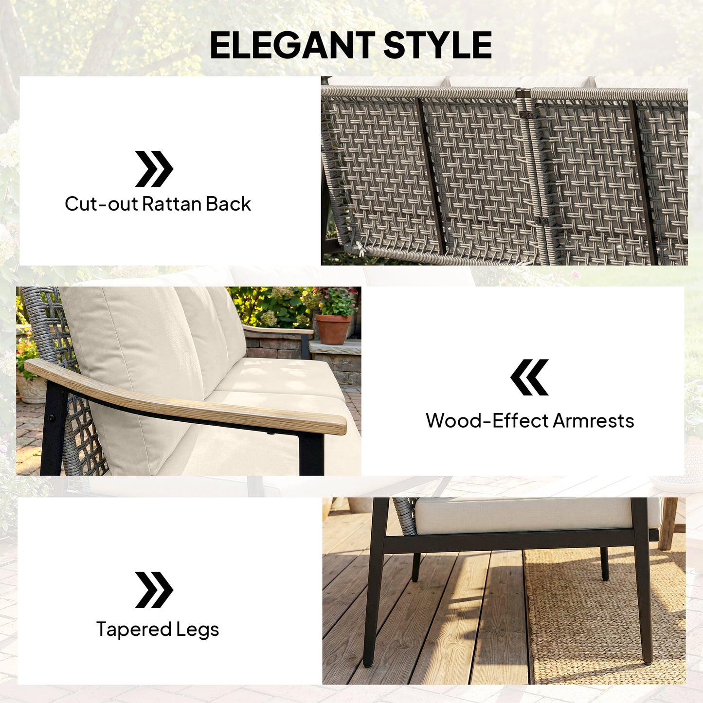 3 Seater Rattan Sofa, Outdoor Garden Sofa with Wood-Effect Armrests