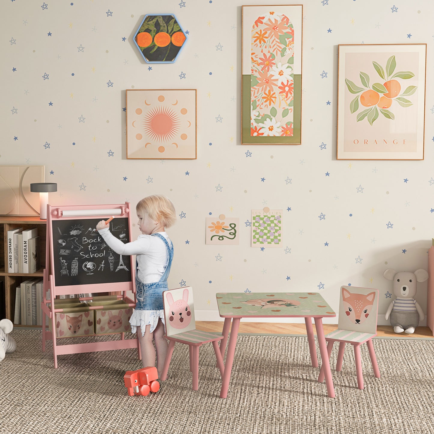 Kids Table and Chair Set and Kids Easel with Paper Roll
