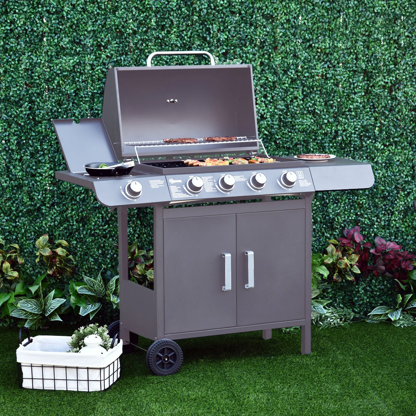 4+1 Burner Gas BBQ Grill, Outdoor Barbecue Trolley with Wheels