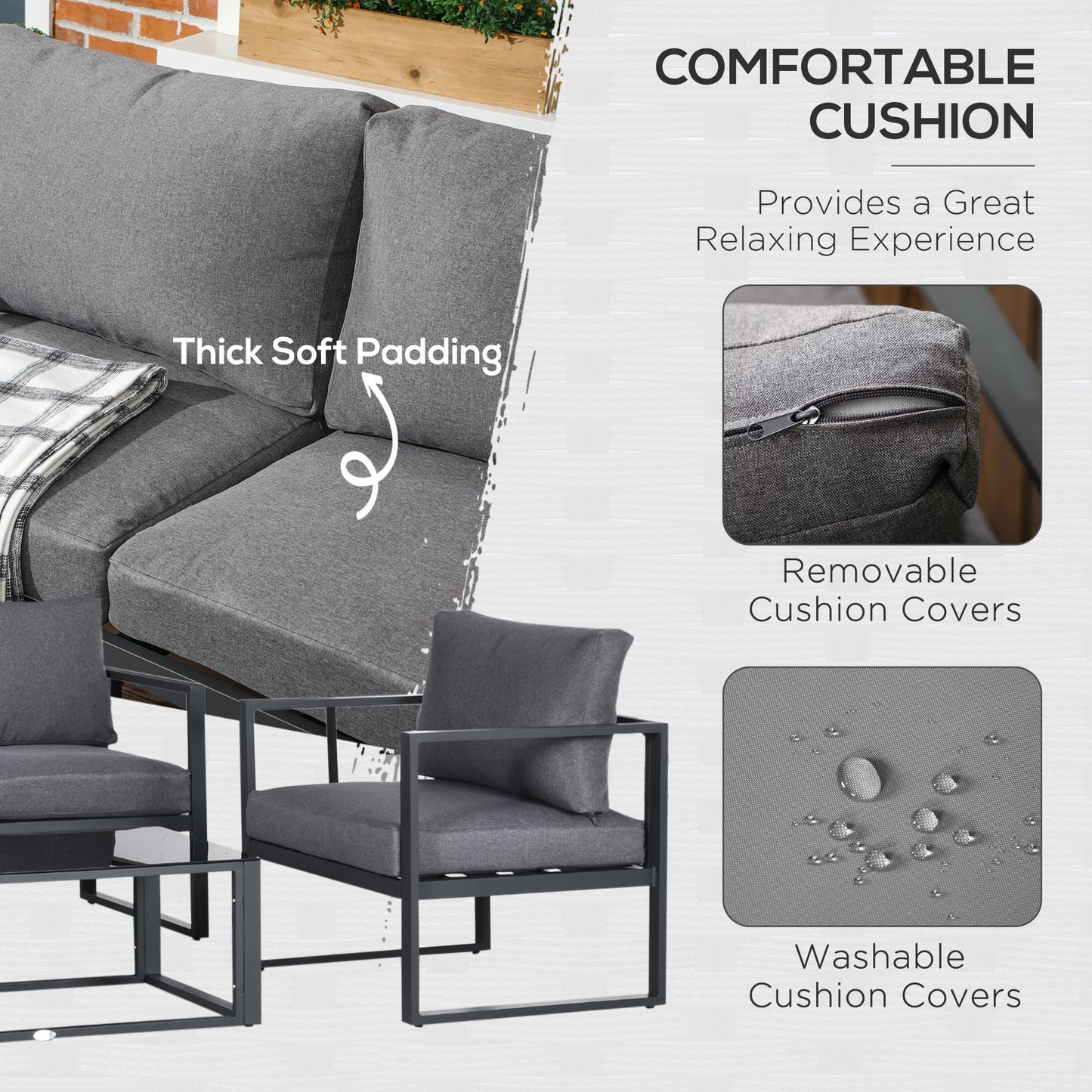 4 Pieces Garden Sofa Set 2 Single Armchair 1 Bench & Side Table Set