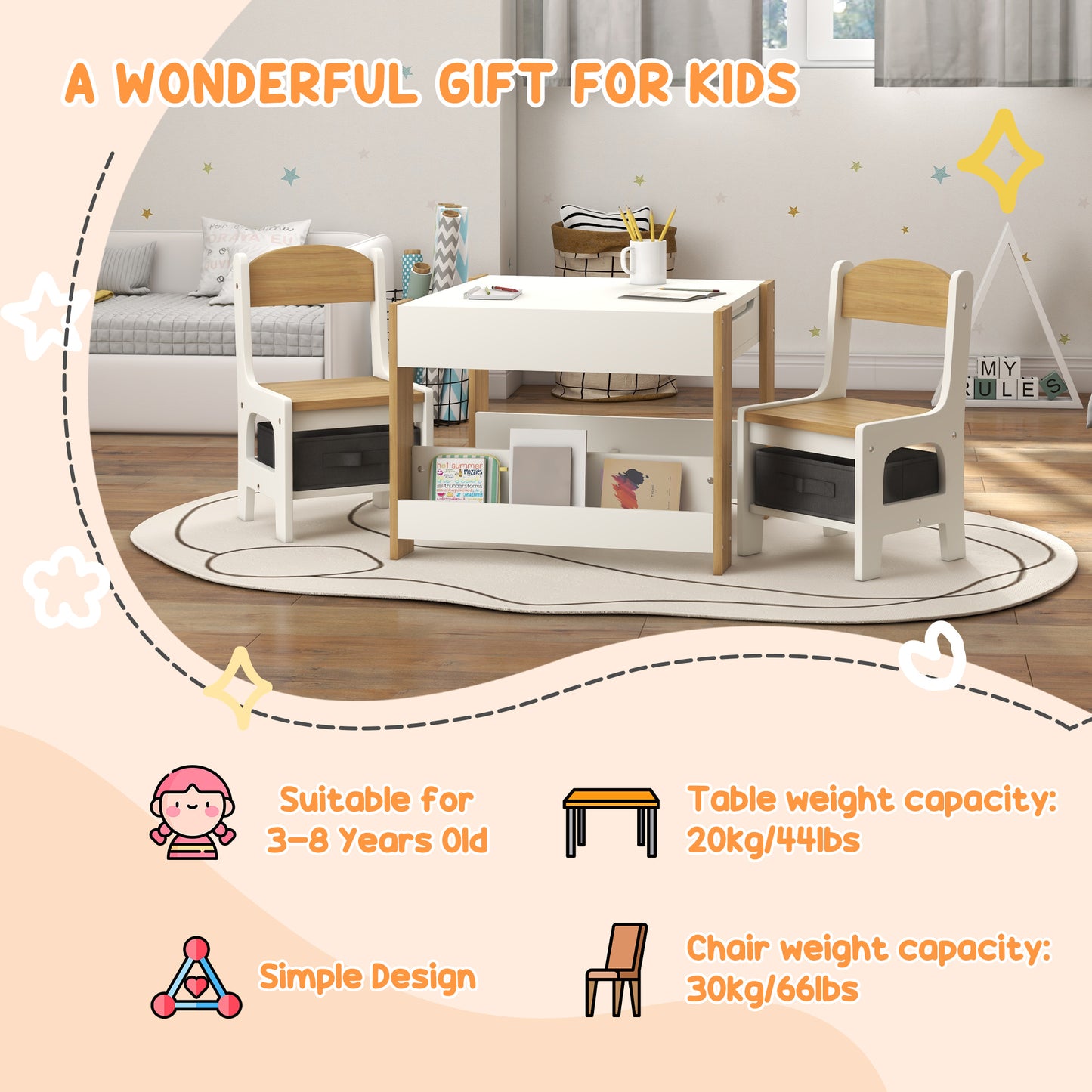Three-Piece Kids Table and Chair Set with Blackboard, Storage