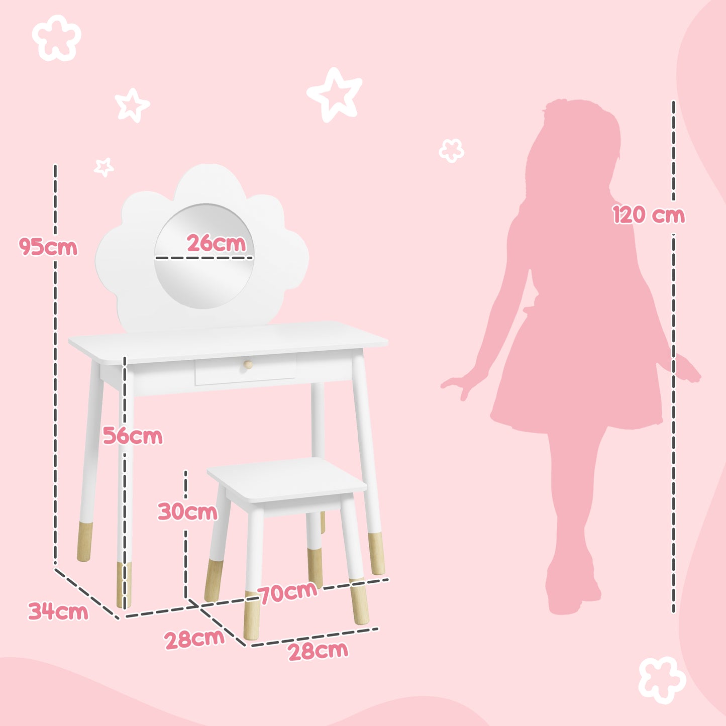 Kids Dressing Table with Mirror, Stool, Drawer, Cloud Design