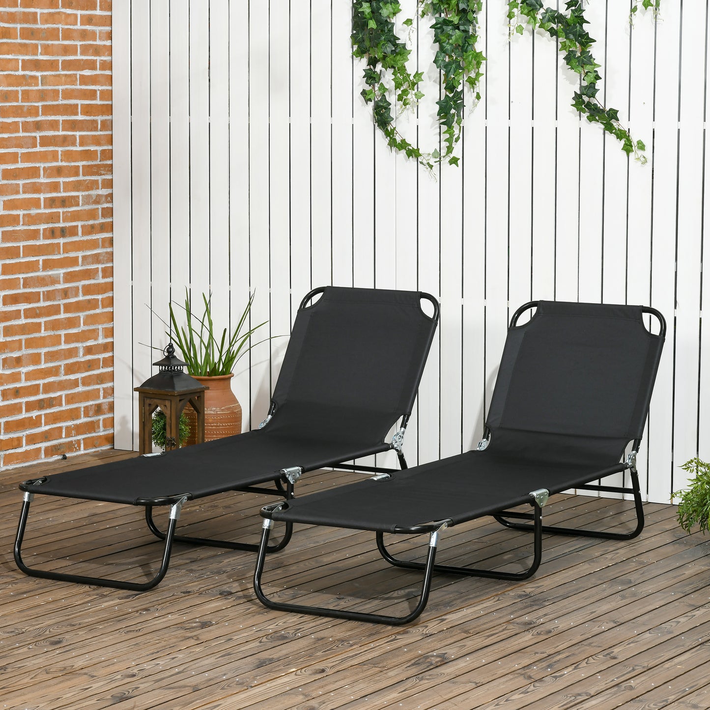 Set of Two Metal Frame Folding Sun Loungers