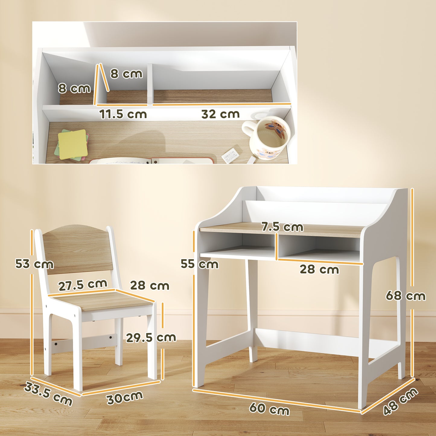 Kids Desk and Chair Set, Children Study Table with Storage