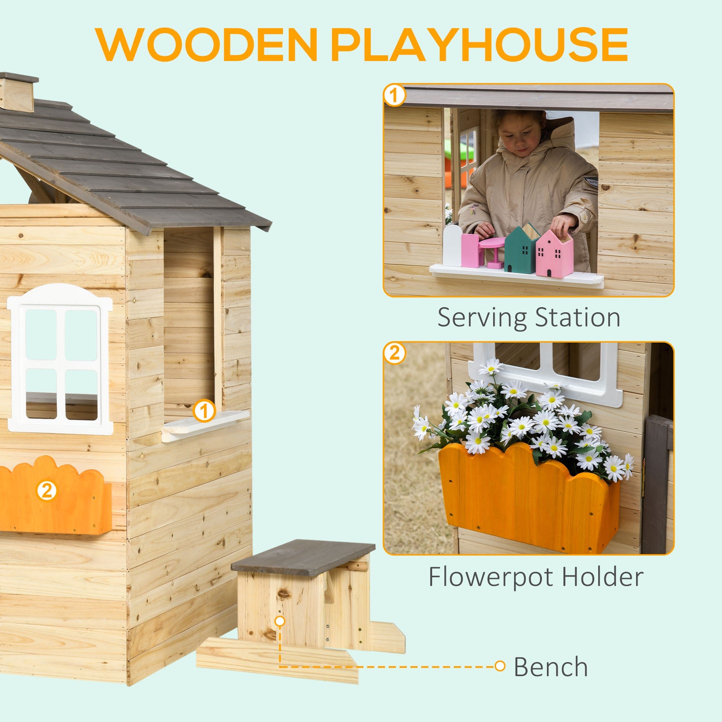 Wooden Playhouse for Kids Outdoor Wendy House with Door, windows