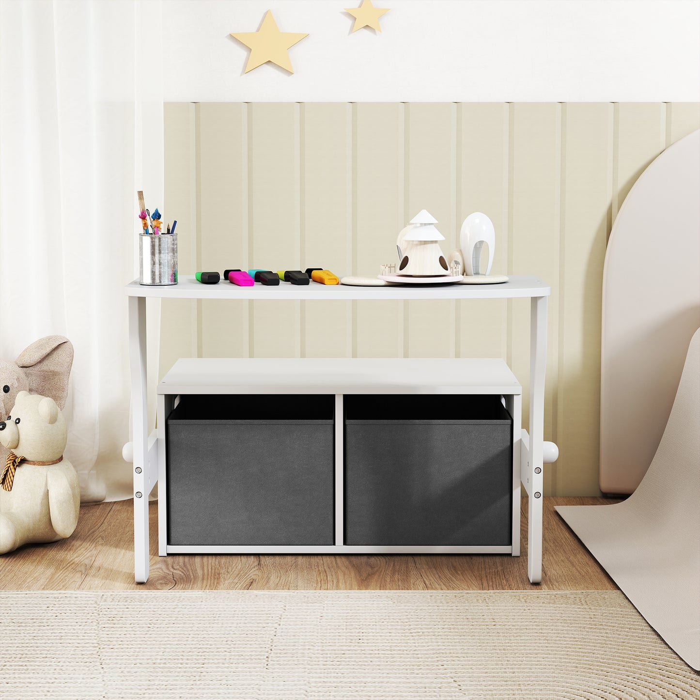 3 in 1 Kids Storage Bench, Convertible Children Table and Chair Set