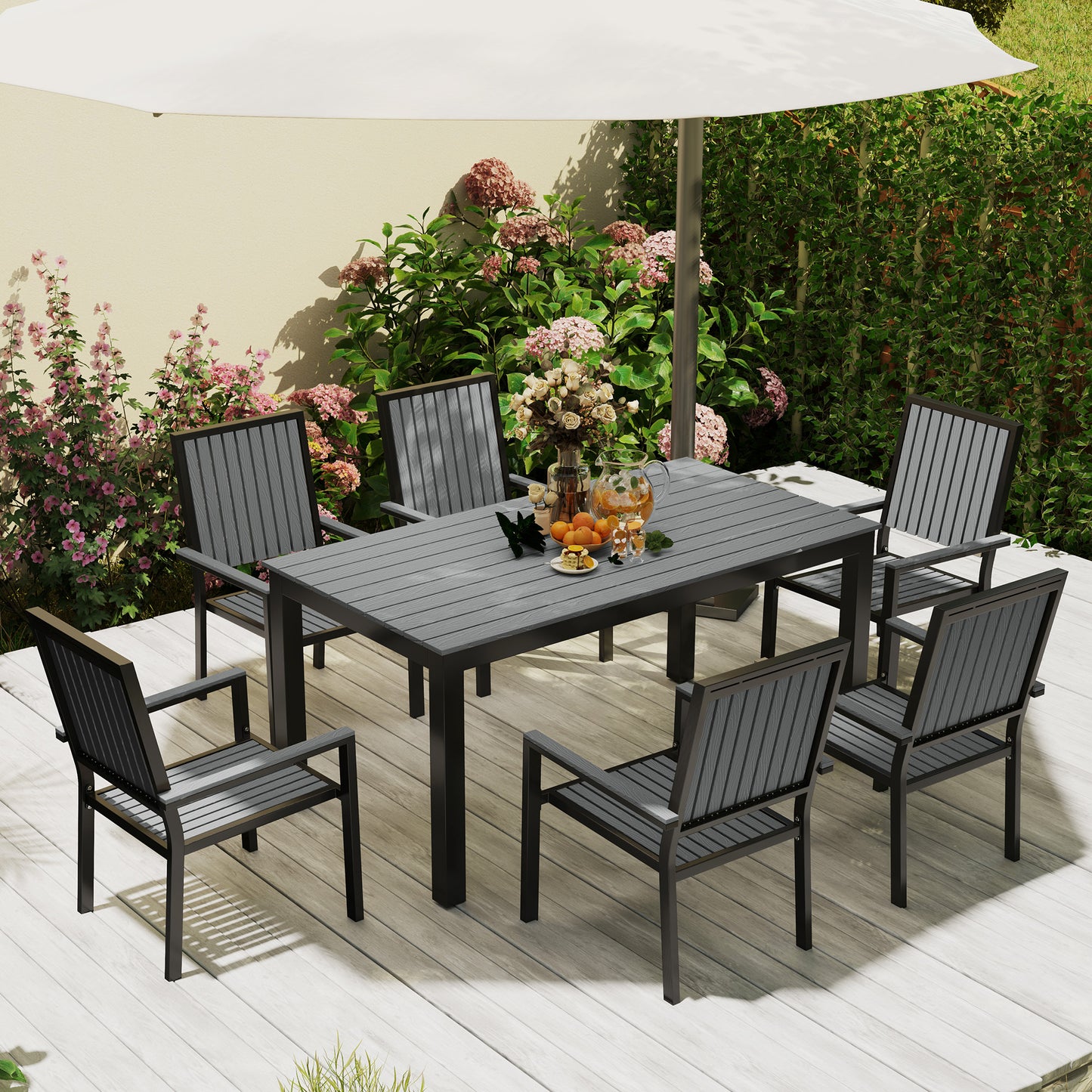 6 Seater Garden Dining Set with Stackable Chairs, Aluminium Frame