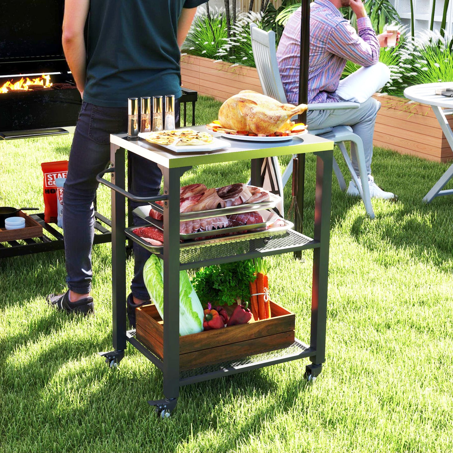 Three-Shelf Outdoor Grill Cart with Stainless Steel Top