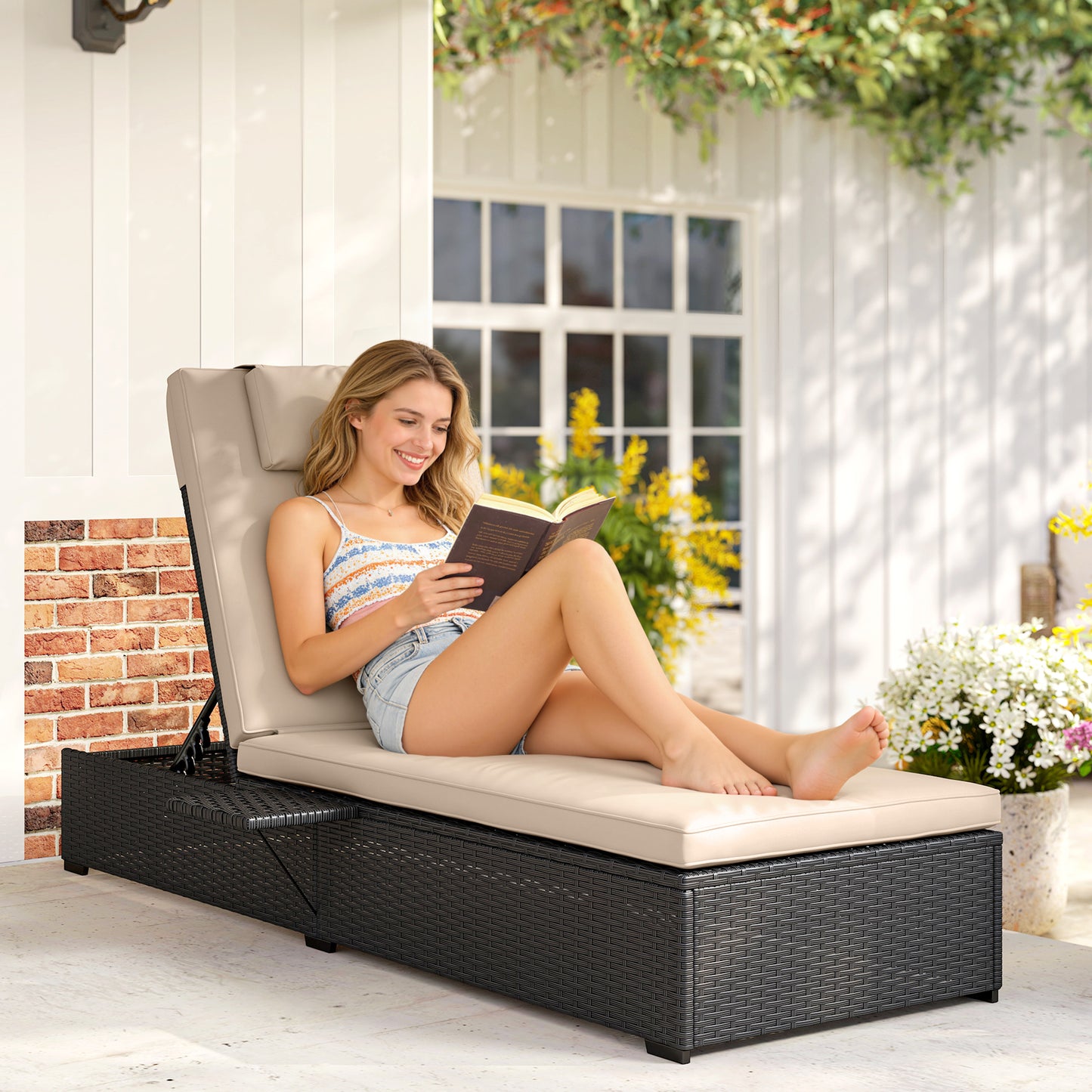 Rattan Sun Lounger with 5-Level Reclining Back Side Tray and Cushion