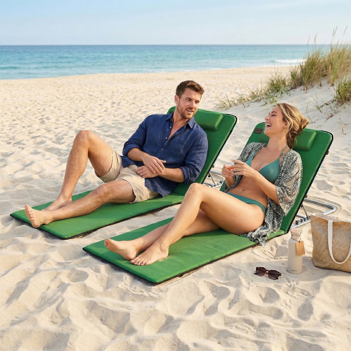 Set of Two Metal Frame Beach Chairs, with Reclining Backs