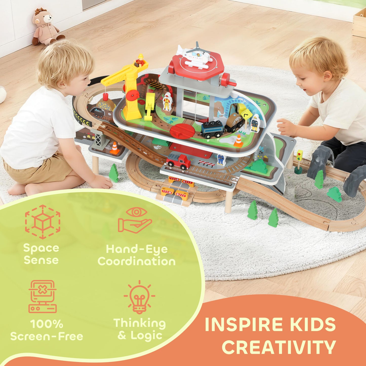 79 Piece Wooden Train Set, Kids Train Track Mine Themed with Crane