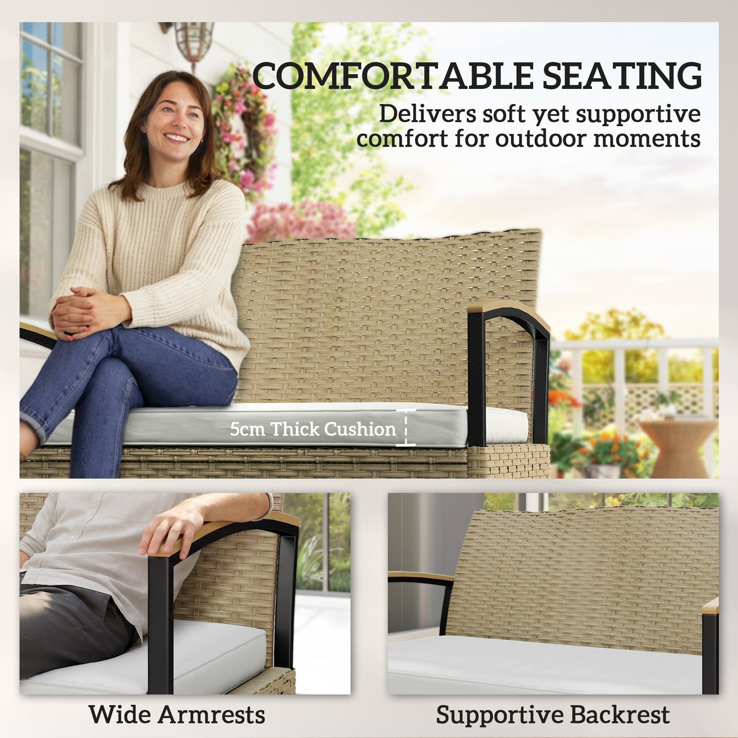 125L Garden Storage Bench, 2 Seater PE Rattan Outdoor Bench Storage
