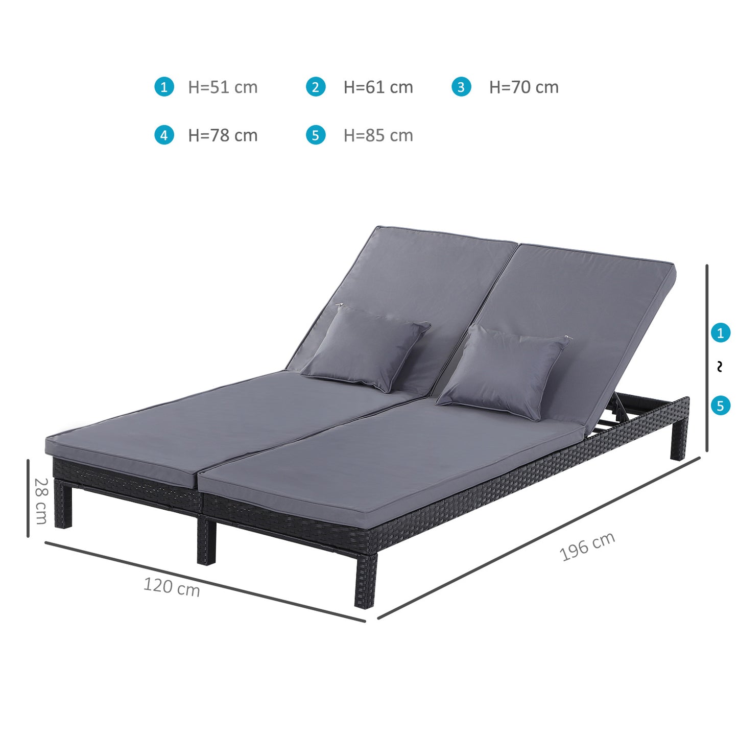 2 Seater Rattan Lounger Adjustable Double Chaise Chair Loveseat w/