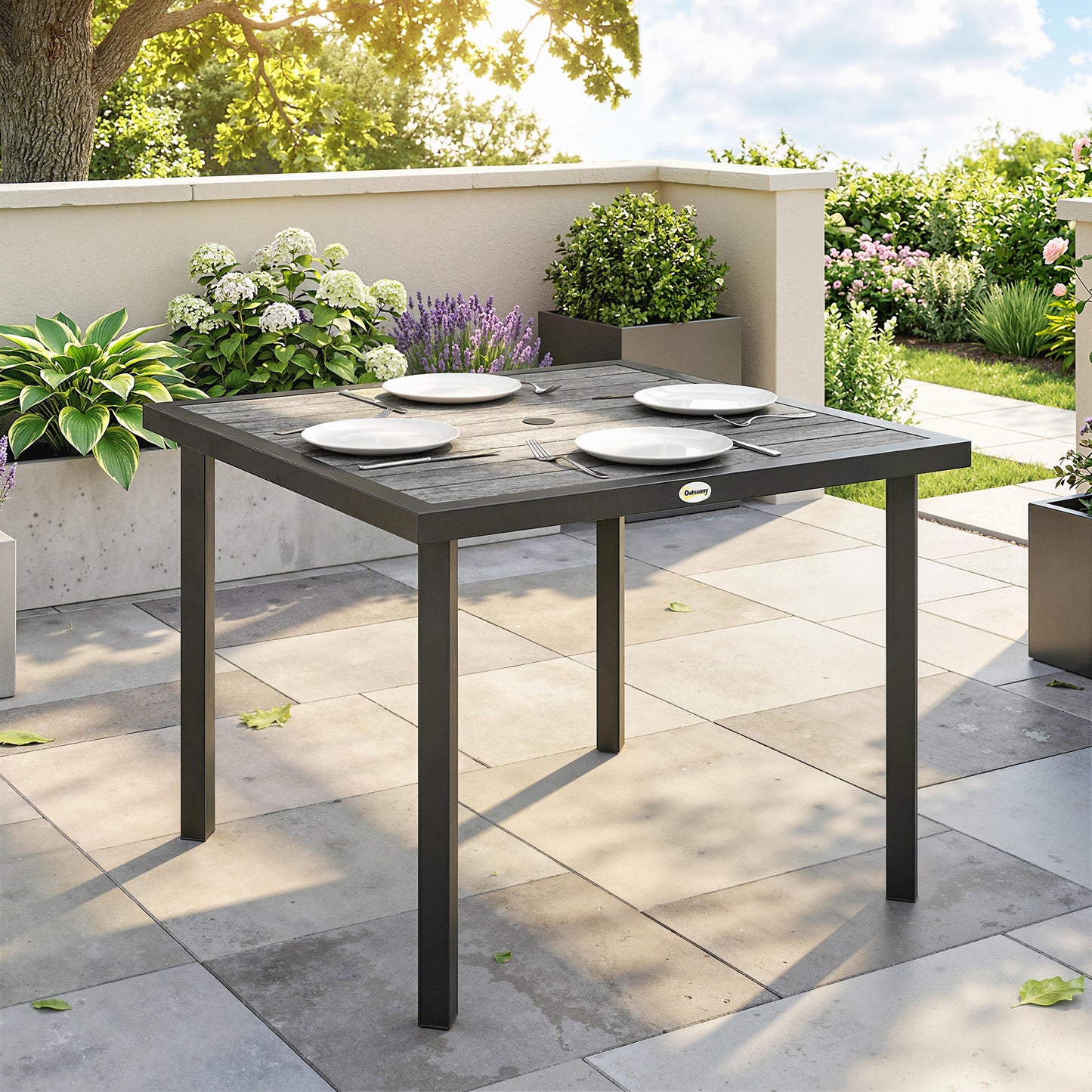Square Garden Dining Table with Parasol Hole, Slatted Top