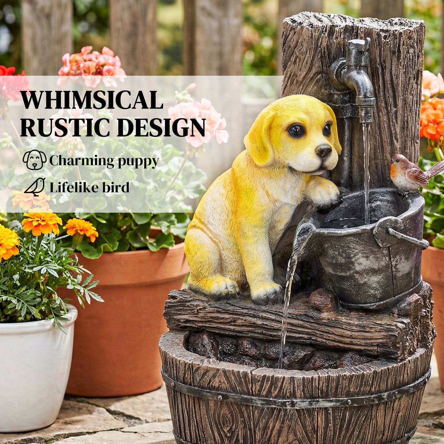 Garden Water Feature with 3-Tier Rustic Puppy Design